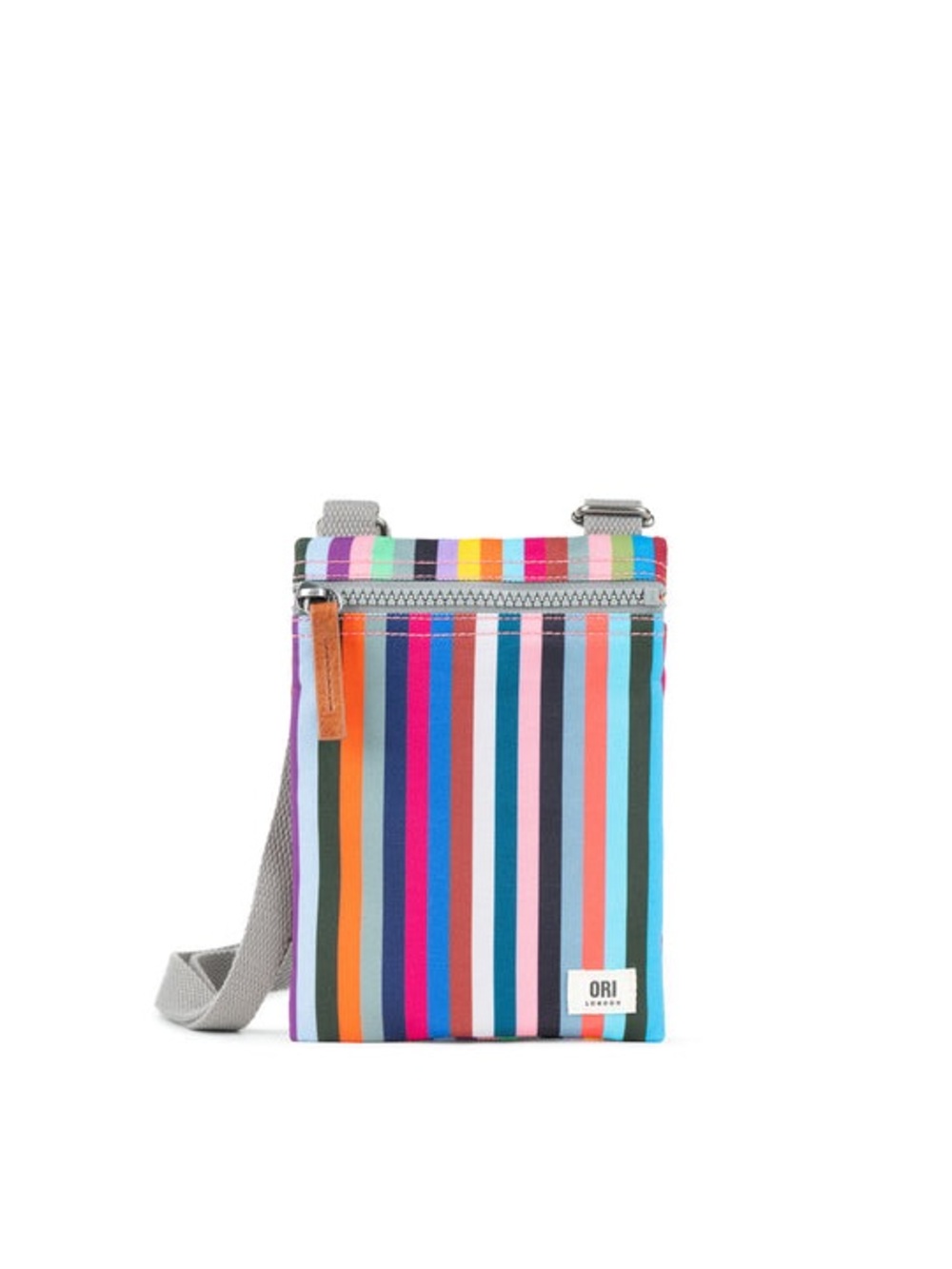 ORI London Chelsea Pocket Sling Bag features a vibrant multi-stripe pattern